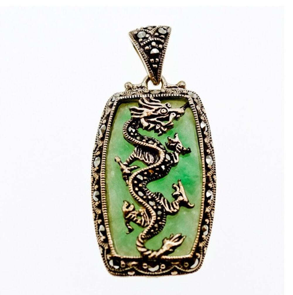 925 Sterling Silver Nephrite & Marcasites Dragon Pendant